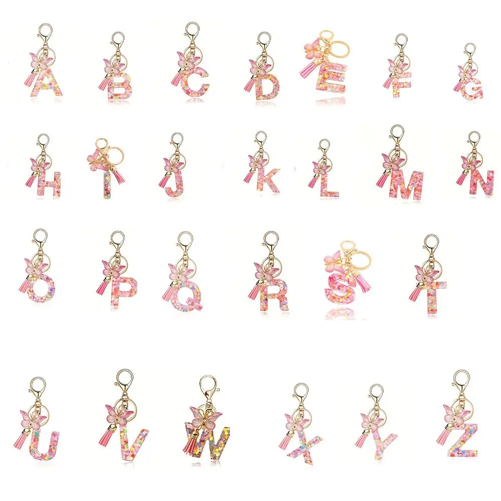 شخصية حالمة 26 رسالة المفاتيح الترتر A-Z فراشة الأولي كيرينغ رائعة الوردي الأبجدية مفتاح حقيبة يد بسلسلة ديكور النساء