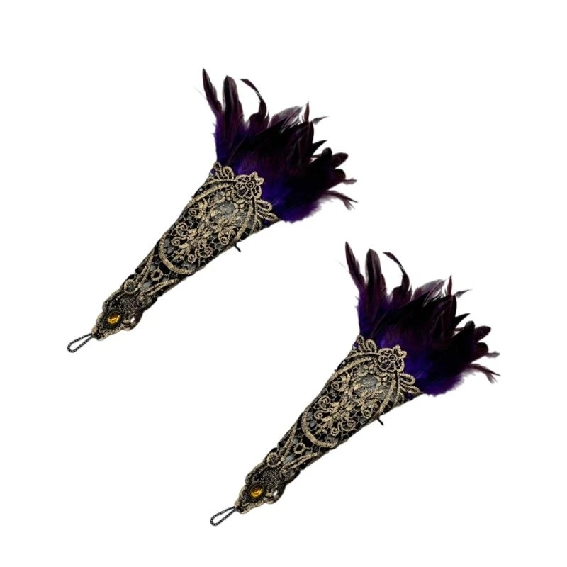 

652F Vintage Lace Feathered Gloves for Women Theme Party Costume Gloves Decorative Arm Sleeves Halloween Props Accessories