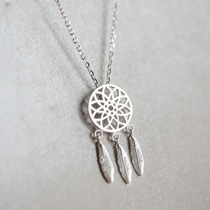 Hot 925 sterling silver feather dream catcher necklace wholesale Korean version of the simple fashion wild sweet jewelry  XL190