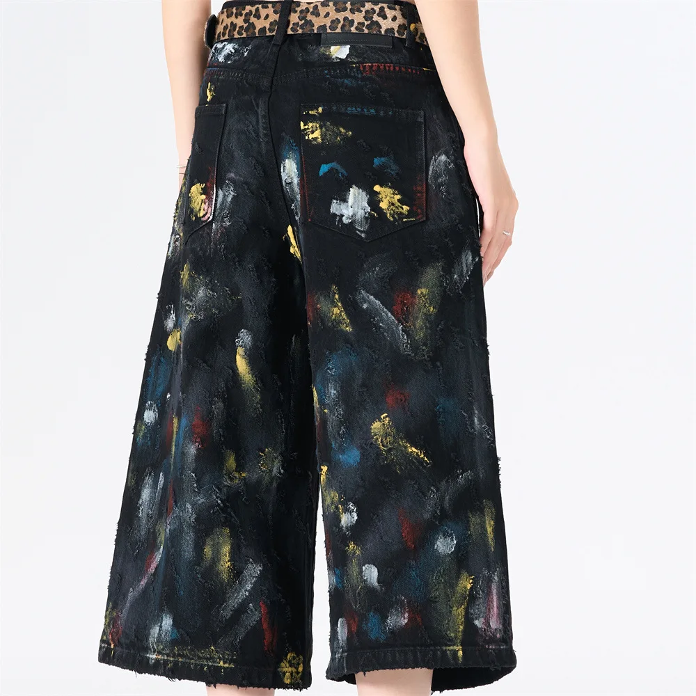 MWJLPWQ Paint-Splattered Graffiti Denim Cropped Pants Men Summer Heavy-Duty Distressed Vintage Tie-Dye Niche Loose Shorts 17416