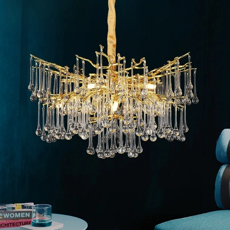Luxury Water Droplet Crystal Chandelier Light for Ceiling Living Room Decor Bedroom Golden Hanging Branch Pendant Light Fixture
