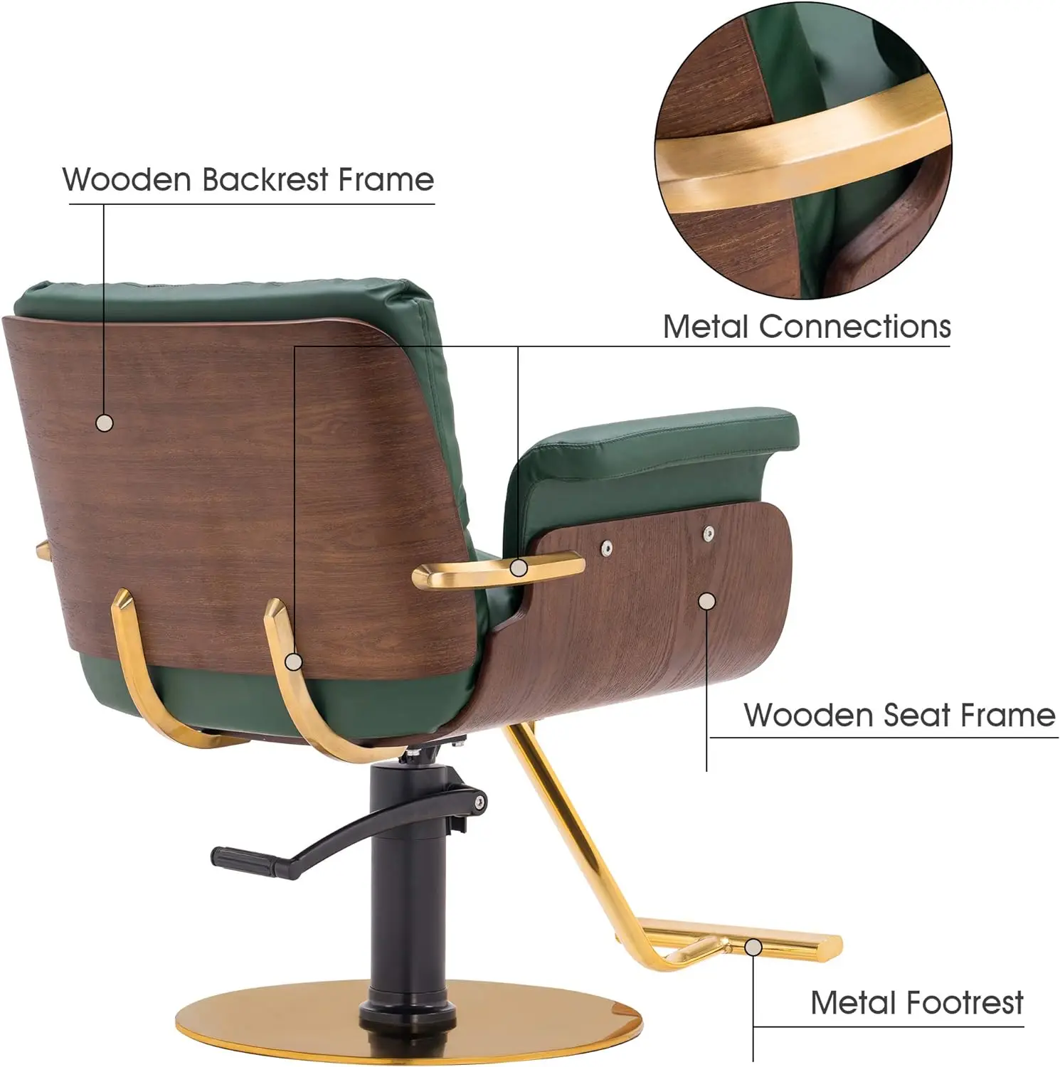 Chaise de barbier hydraulique avec cadre en bois incurvé, équipement de coupe de cheveux, salon de beauté et de coiffure spa, 3071 (vert)