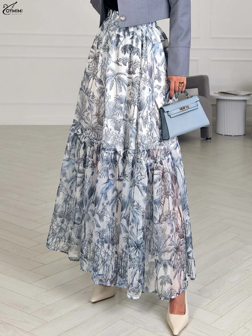 

Oymimi Fashion Blue Print Skirts For Women Elegant High Waisted Loose Skirts Casual Pleated Ankle-Length Skirt Female Clothing