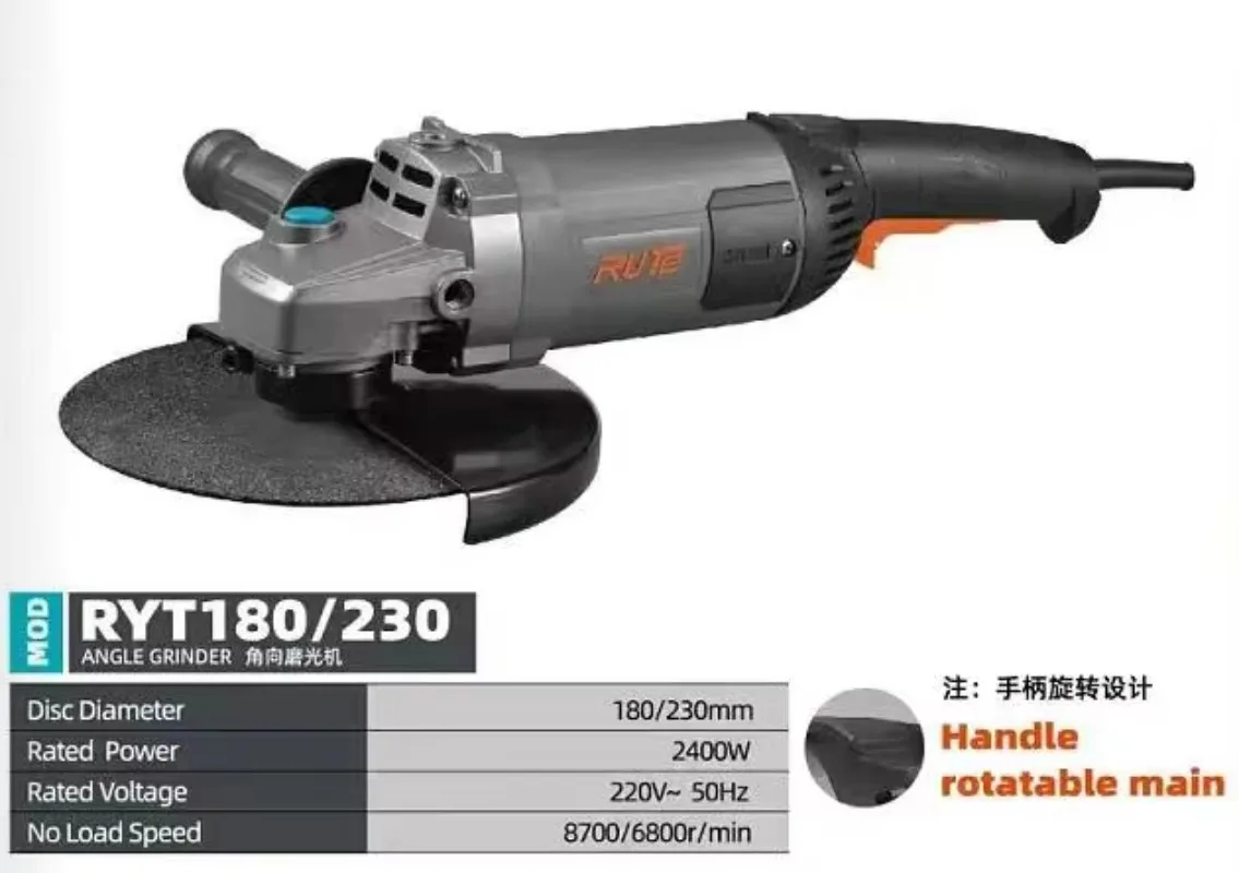 Professional High-Power Angle Grinder-180mm and 230mm Disc Rotatable Handle Metal Grinding