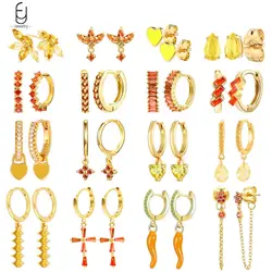 925 Sterling Silver Ear Buckles Fashion Hoop Earrings Orange/Yellow Crystal Pendants Gold Earrings High Jewelry Gifts for Women