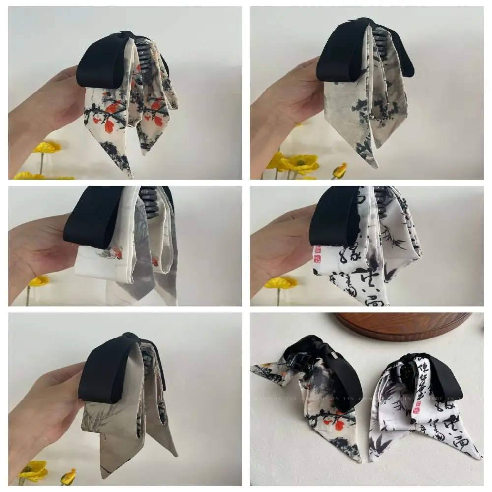 Chinese Style Ribbon Bow Ponytail Clips Fairy Ink Mountain Paint Hairpin Hair Claws Hair Accessories Print Shark Clip Ladies