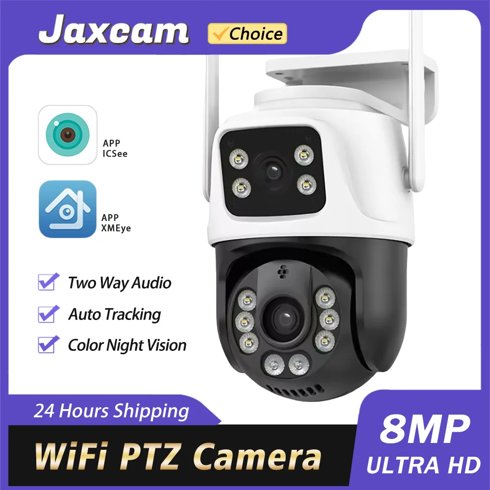 

8MP 4K PTZ WIFI Camera Dual Lens Dual Screen AI Human Detect Auto Tracking Smart Wireless Outdoor Surveillance Camera iCSee App