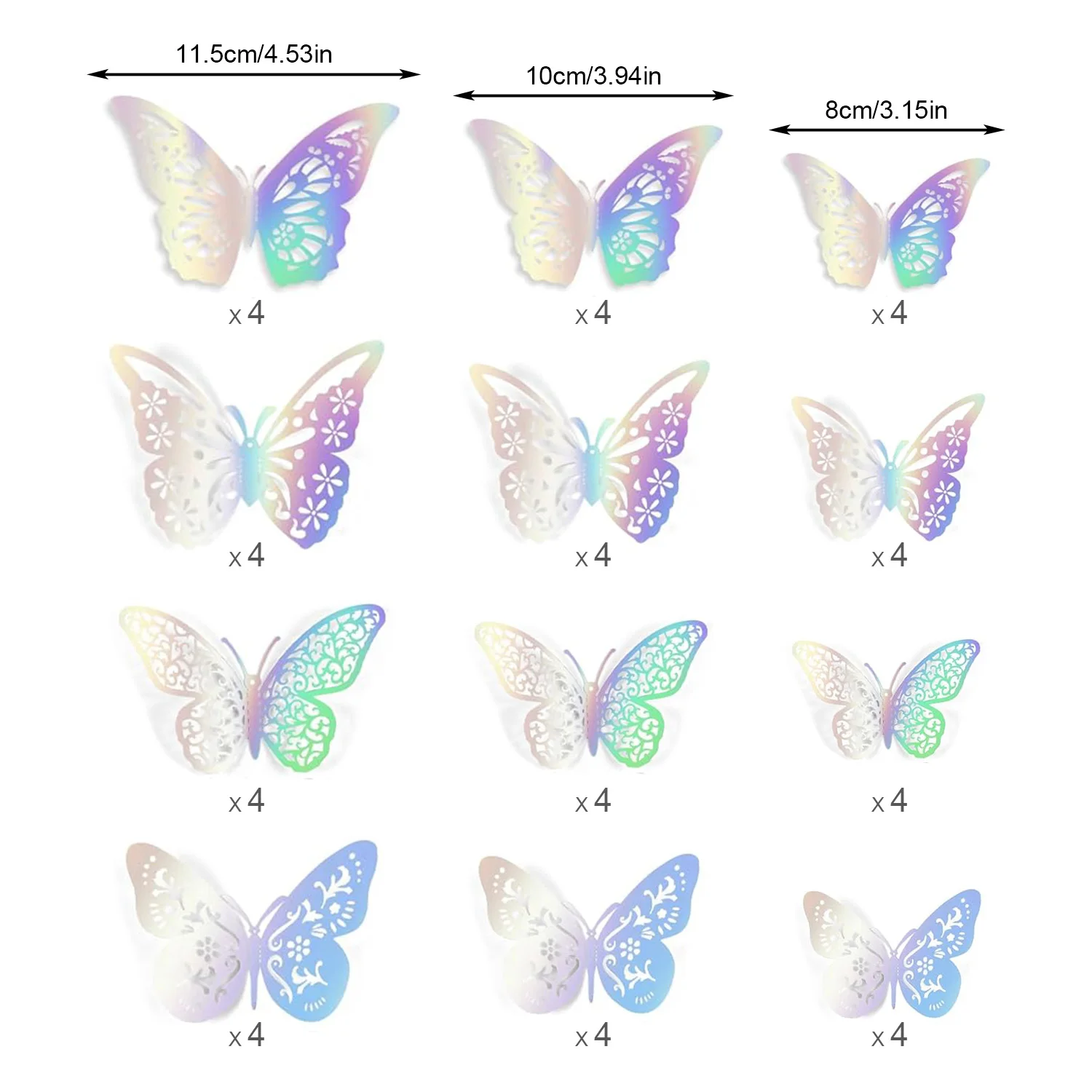 48 Pcs Rainbow Silver Butterfly Decorations, 4 Styles 3 Sizes, Butterfly Wall Decor, 3D Butterfly Party Decorations, Butterflies