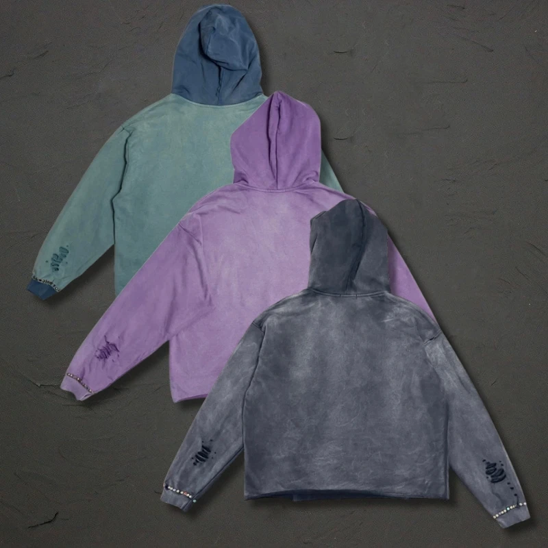 Vintage Distressed Washed Worn Oversize SATOSHI Hoodie Fading Letter Cut V-neck Hoody Contrasting Hood Sweatshirts Men Women