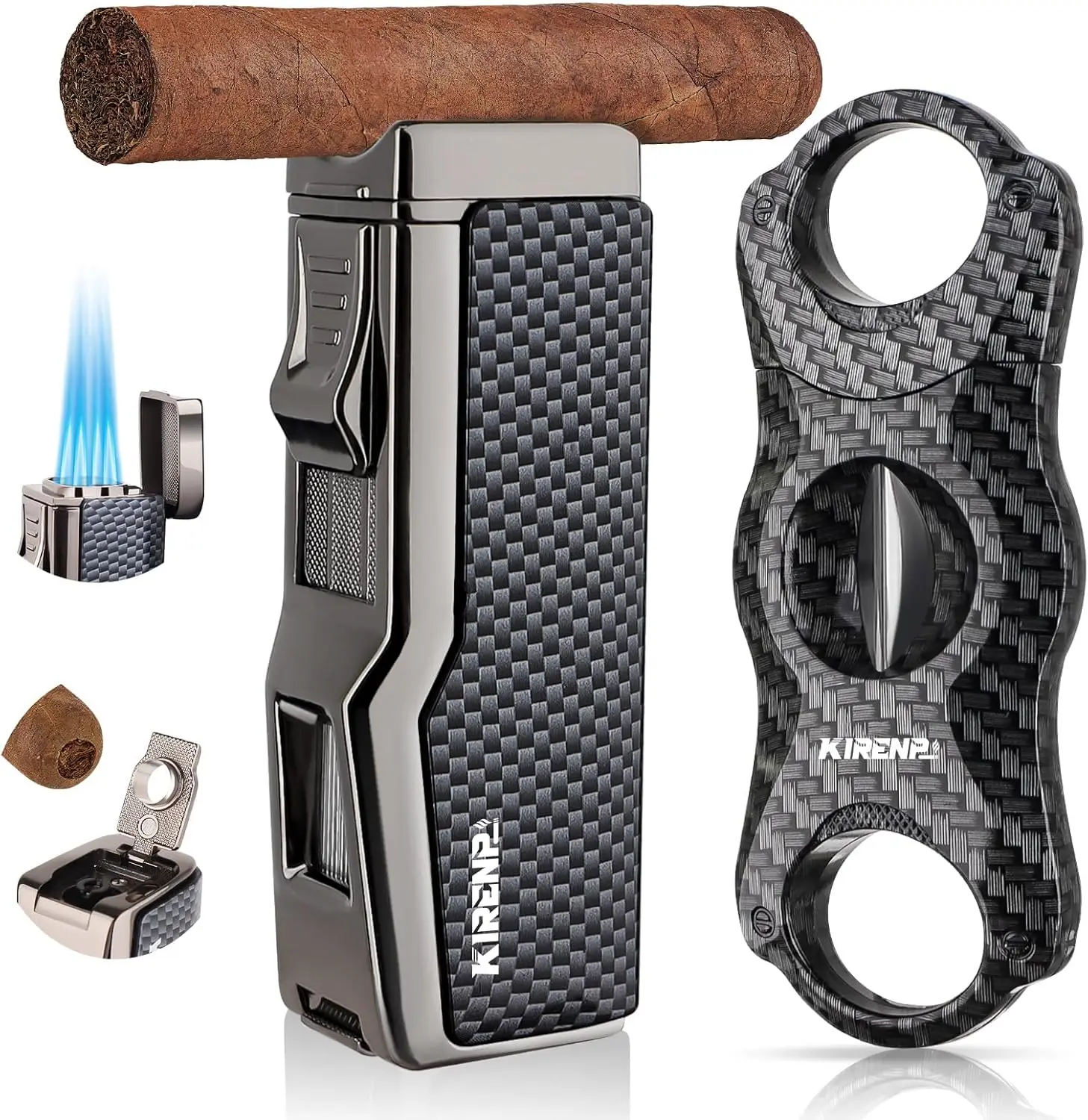 4-in-1 Refillable Torch Lighter with Cigar Cutter, Punch, Holder & Windproof Jet Flame - Gift Box Included