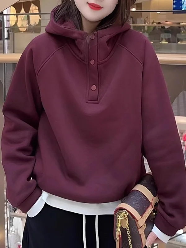 

plus Size American Sle Hooded Fce Lined Sweatirt Women's Autumn Winter New Loose Lazy Overhead Top for plus Size Women