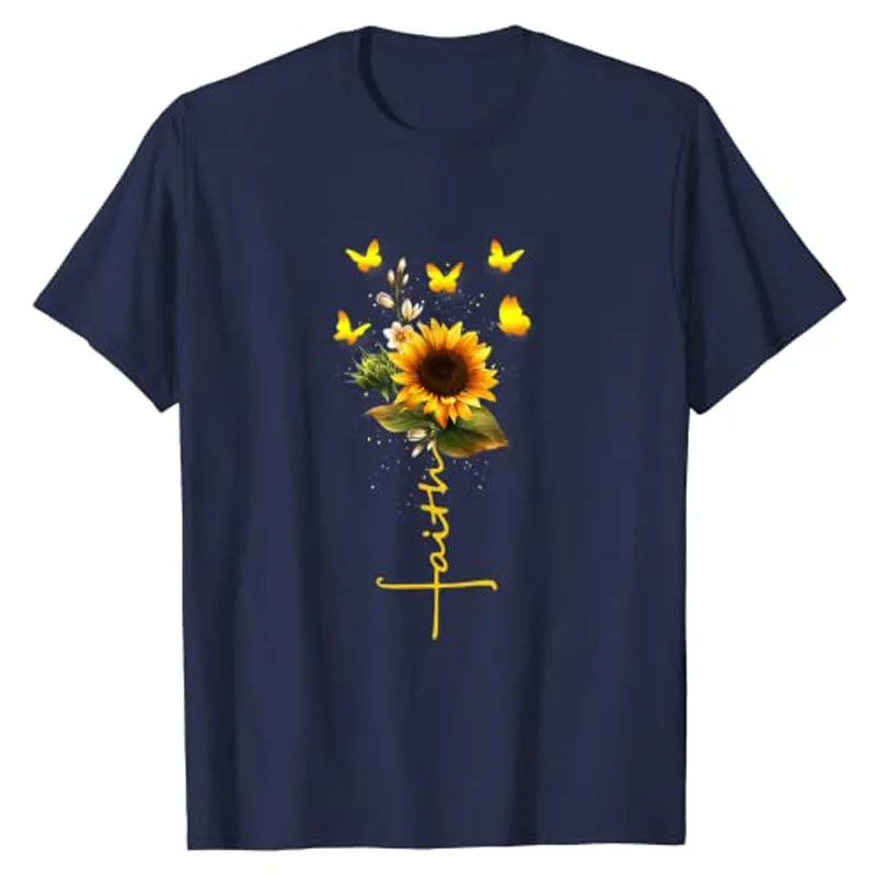 Vintage Faith Cross Sunflower Butterflies Flowers Christians T-Shirt Jesus Apparel Graphic Tee Aesthetic Clothes Y2k Tops Gifts