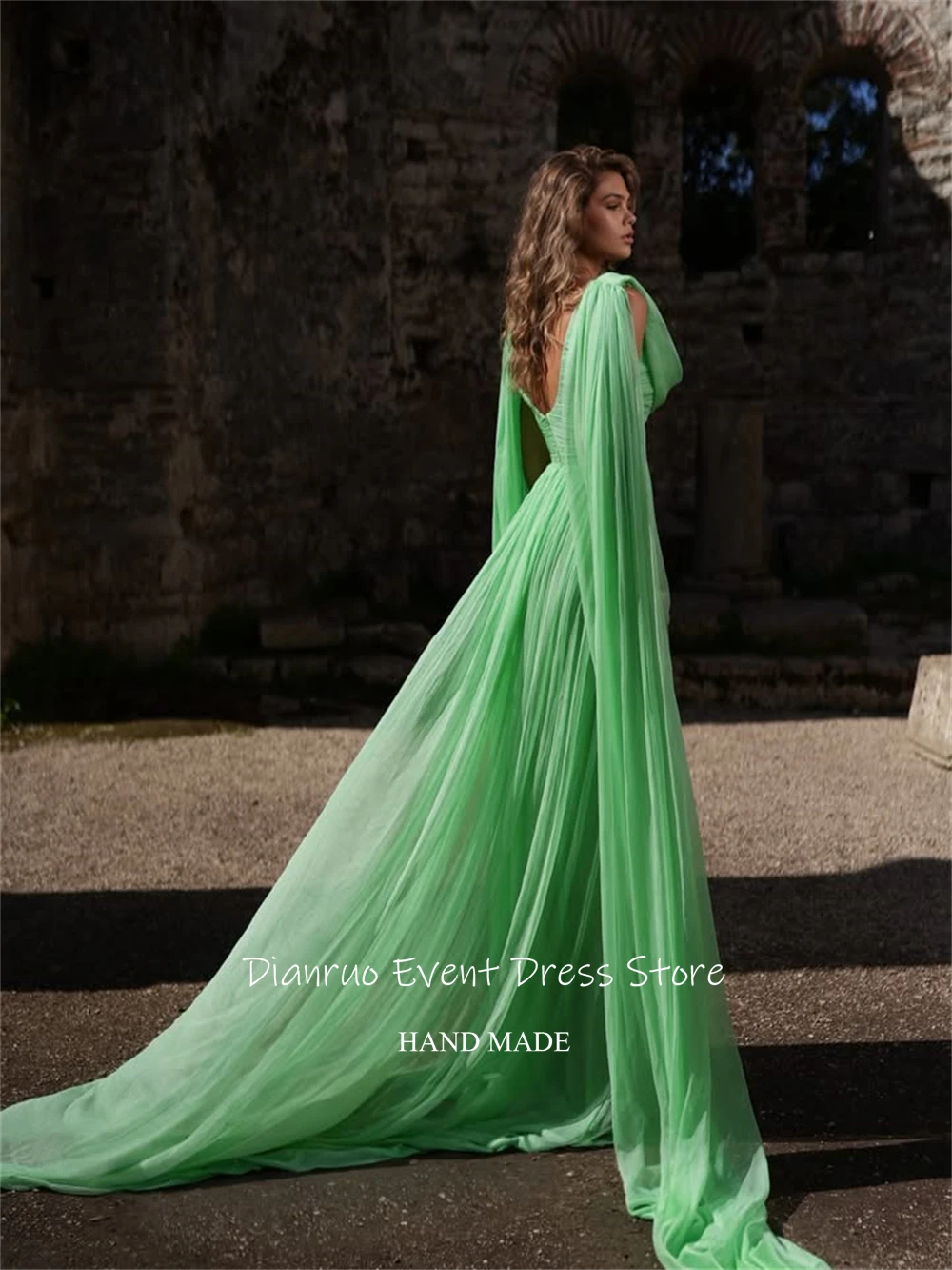 فساتين سهرة طويلة من الشيفون بطيات باللون الأخضر من Dianruo فساتين سهرة مكشكشة متدفقة على شكل حرف A من فيستدوس دي فيرانو مخصصة