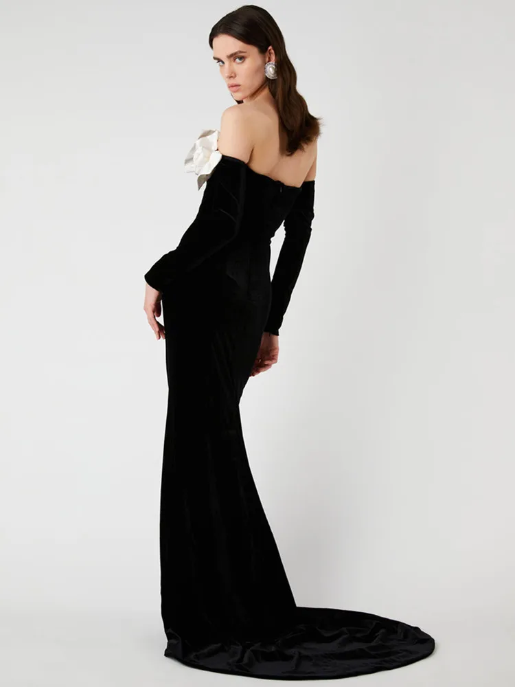 Luxury Sexy Off Shoulder Bow Tie Black Maxi Long Women Celebrity Dress 2024 Elegant Party Evening Club Vestido Clothing