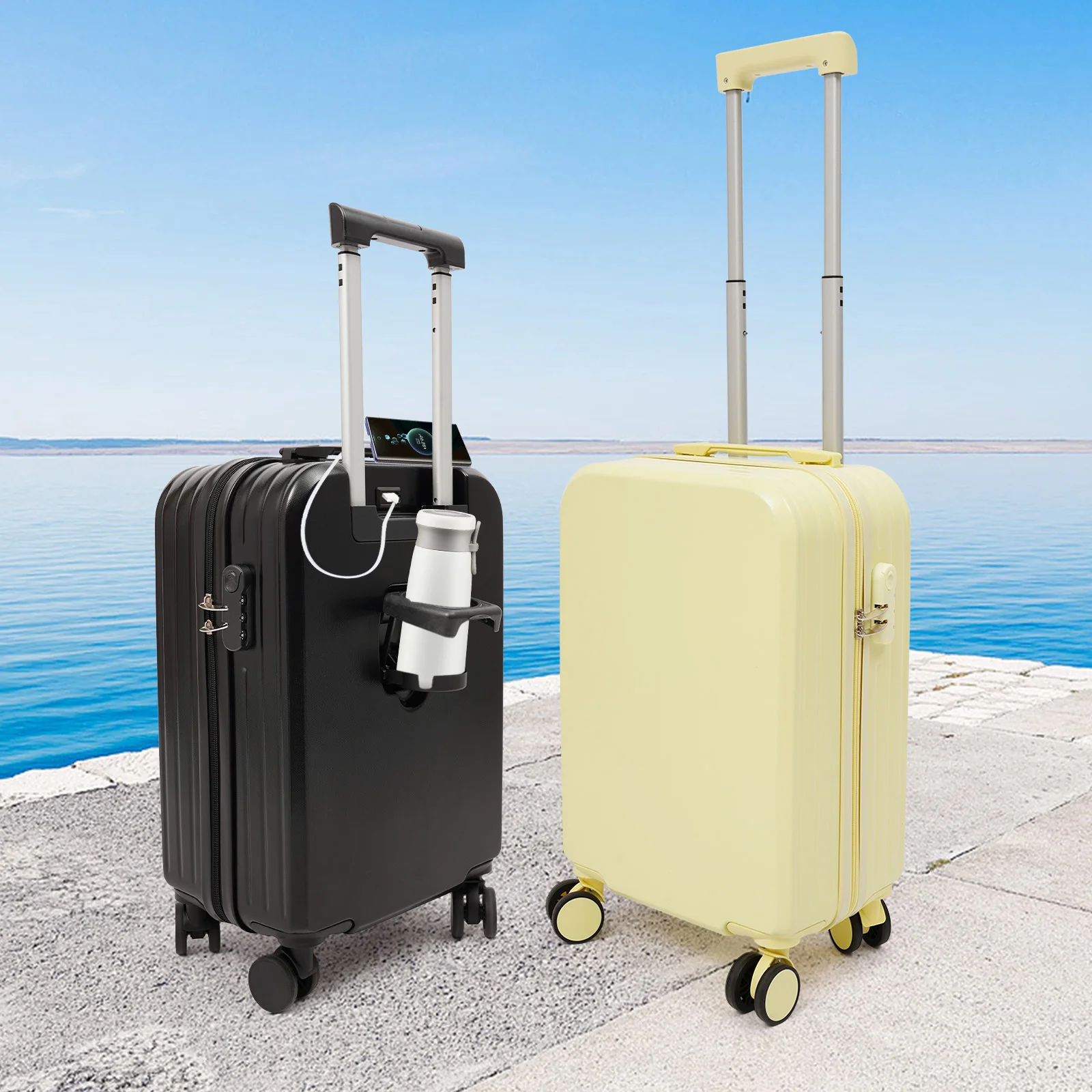 حقيبة أمتعة السفر، تحمل الأمتعة، حقيبة سفر مقاس 20 بوصة مع حامل أكواب، حقيبة أمتعة للسفر مع منفذ USB #4