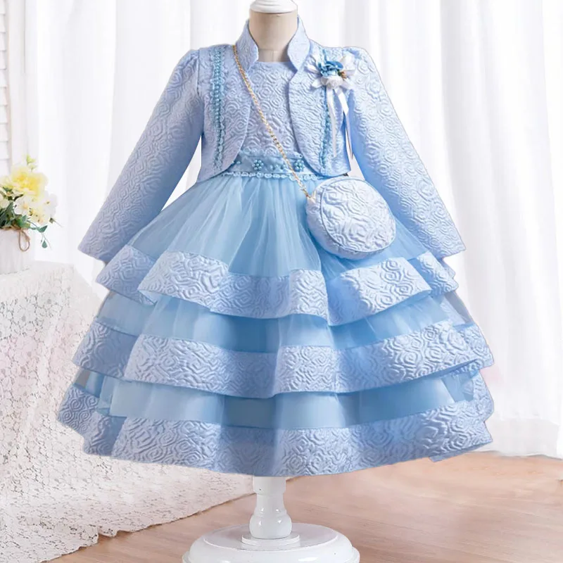 New Girls\' Jacquard Pattern Dress three Piece Gorgeous Christmas Performance Dress Autumn Girls\' Party Prom 3-10 Years Old