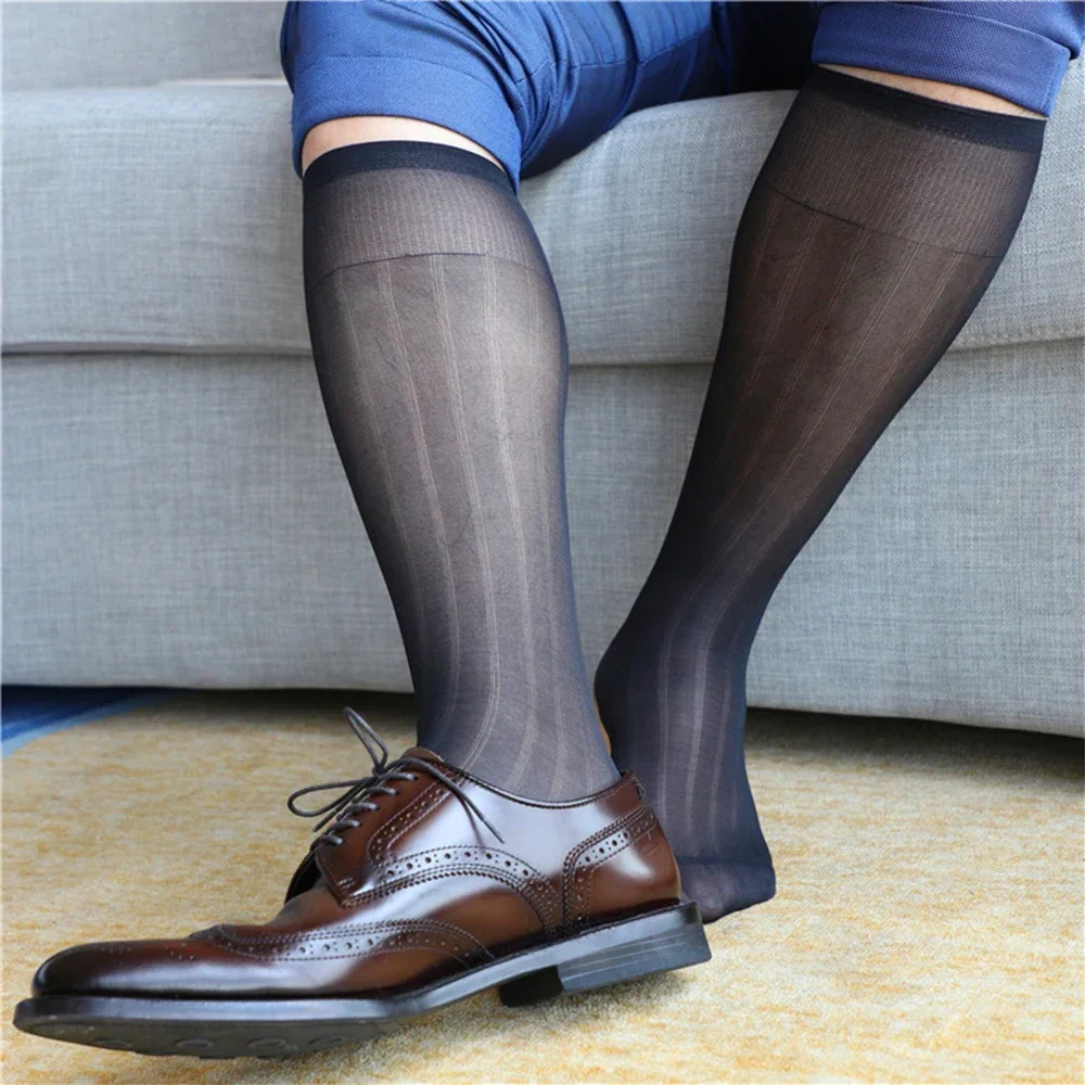 1 Pair Men's Sexy Business Socks Knee High Long Striped Formal Dress Silk Sheer Socks Transparent Business Stockings