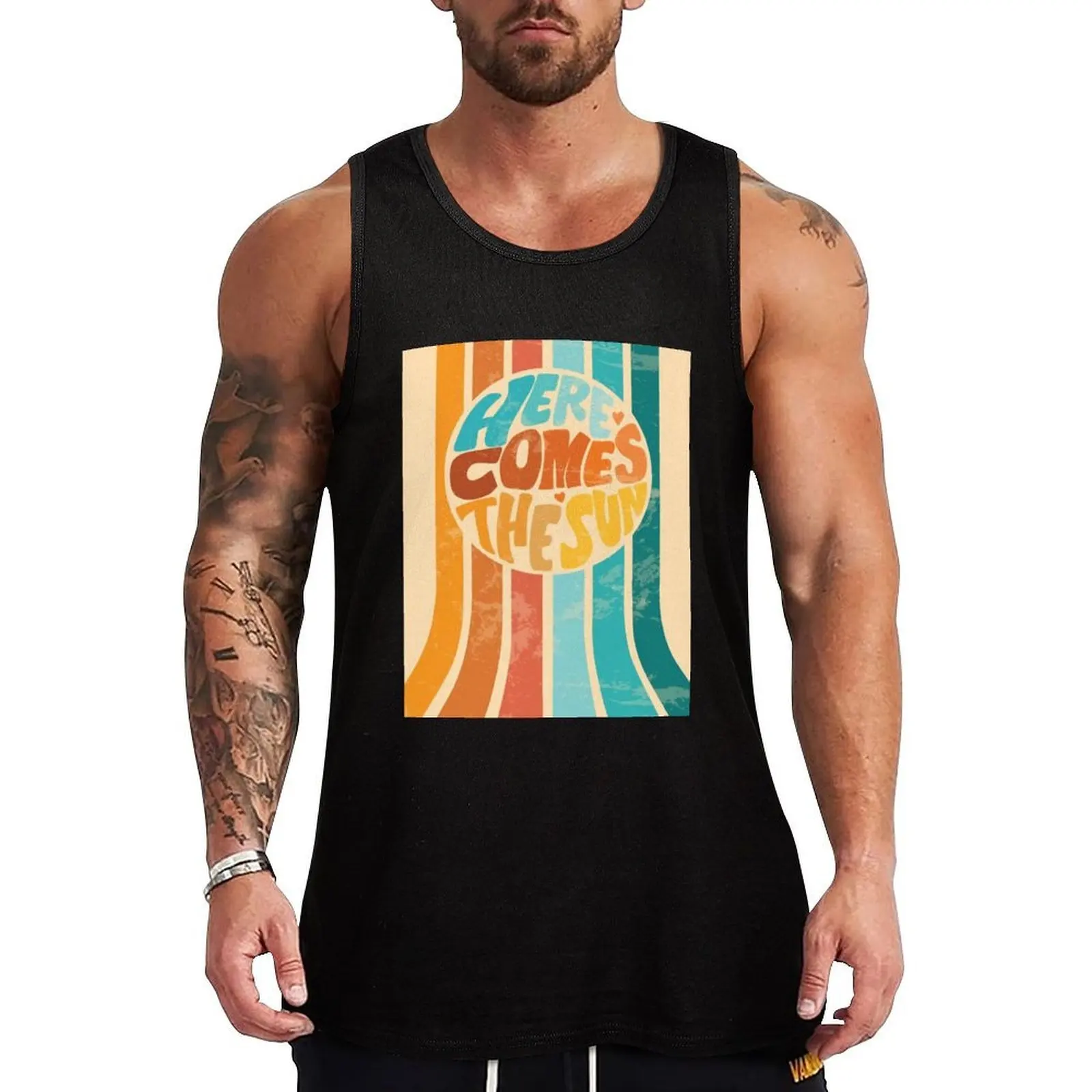 

Here-Comes-the-Sun-Retro-70s-Beatles-Art-Print Tank Top gym training accessories t shirts T-shirt for fitness