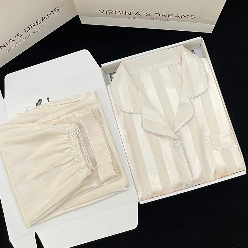 Striped Long Sleeve Pants Pajamas Women Fall and Winter Simple Solid Color Student Loungewear Plus Size Cardigan 2PCS/Set view 5