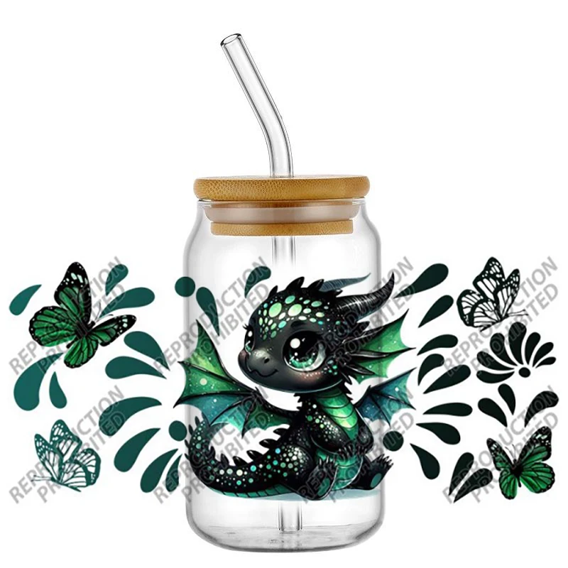 Adorable Baby Dragon UV DTF Wraps Colorful Butterfly Stickers High-Quality Waterproof Decals for Glass Can Fantasy Decor