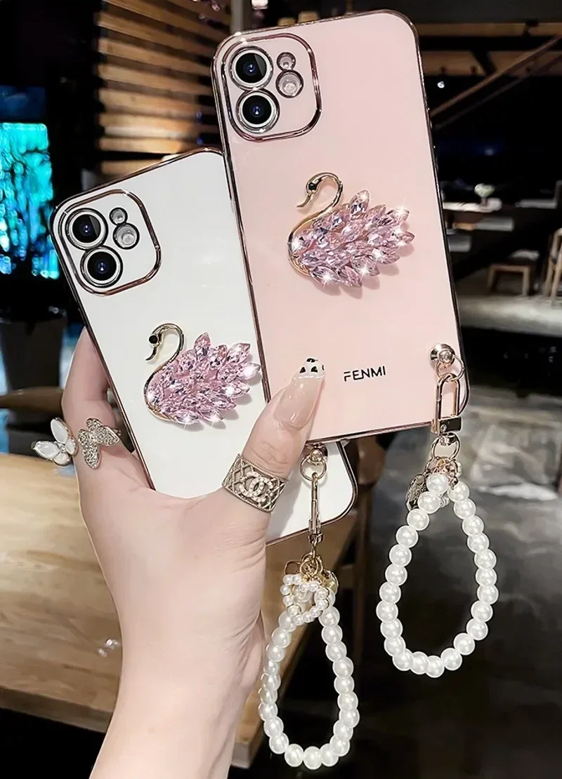 Phone Case with Rhinestone, Swan, Pearl Bracelet, Heart, For Samsung , S23, S24, S21, S22, Ultra,For iphone15 14 13Pro max