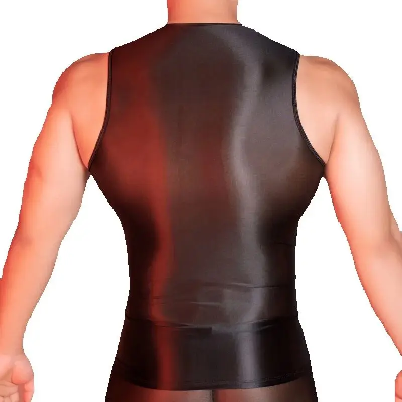 Men's Silky Smooth Tight Tank Top Round Neck Sleeveless Tee Transparent Straitjacket Erotic Thin Sheer Vest Undershirt Corset