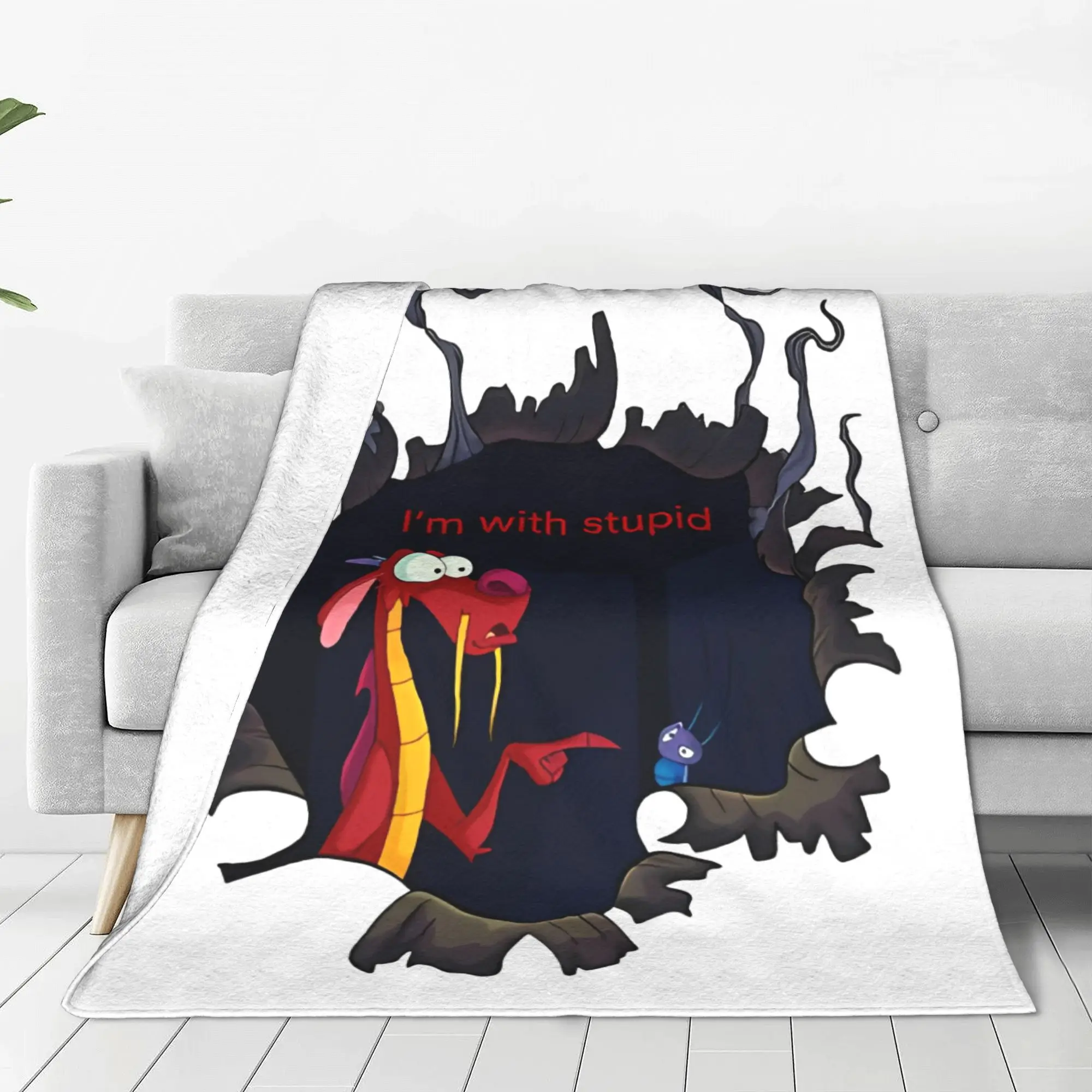 Mulan Mushu I'm with Stupid Cri-Kee Knitted Blanket Fleece Guardian Dragon Super Warm Throw Blanket Outdoor Car Sofa Couch Quilt