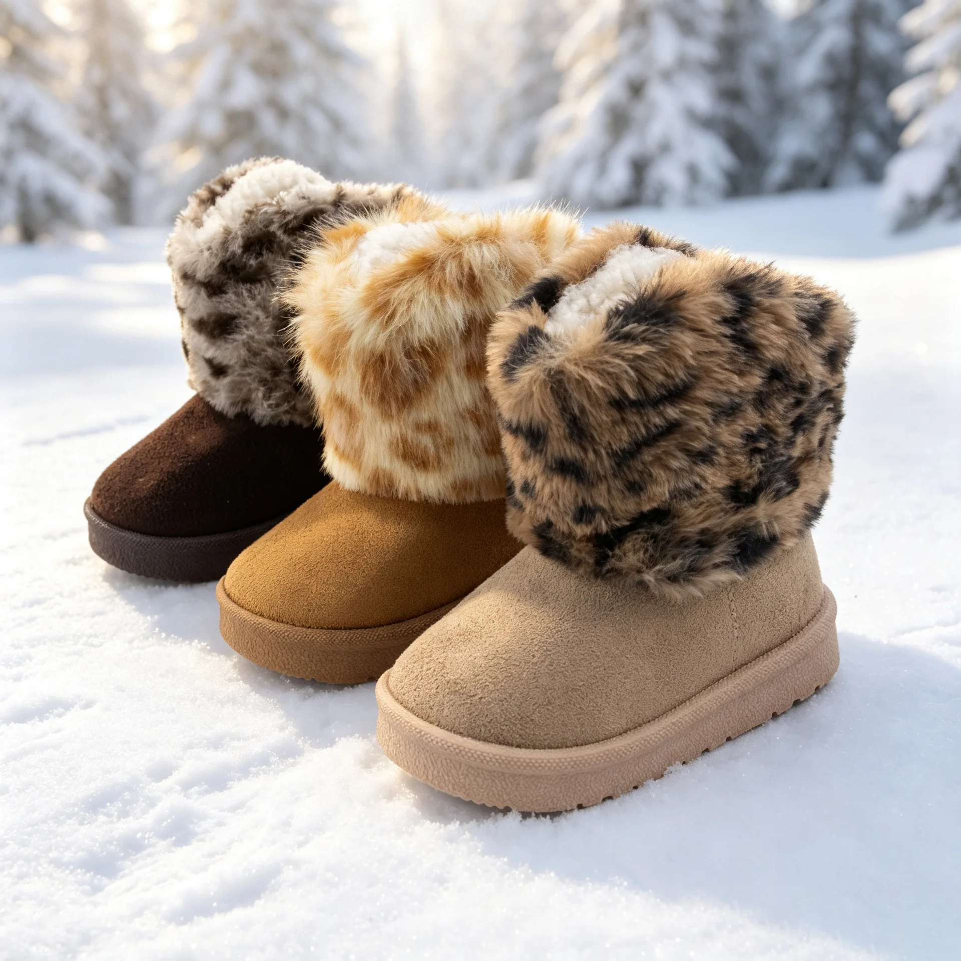 Winter Leopard Faux Fur Kids Snow Boots Plush Mid-calf Boot Boys and Girls Soft Bottom Outdoor Keep Warm Toddlers Shoes CSH1706