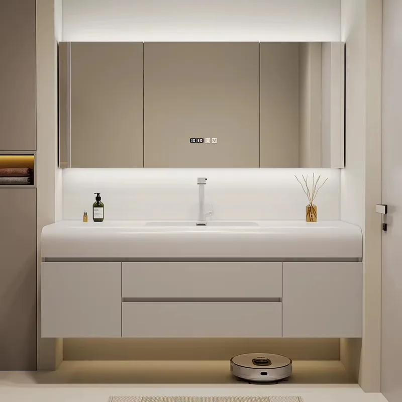 Luxury Wall Mounted Vanity Bathroom Single Sink Floating Modern Smart Mirror Wash Basin Storage Cabinet Sets
