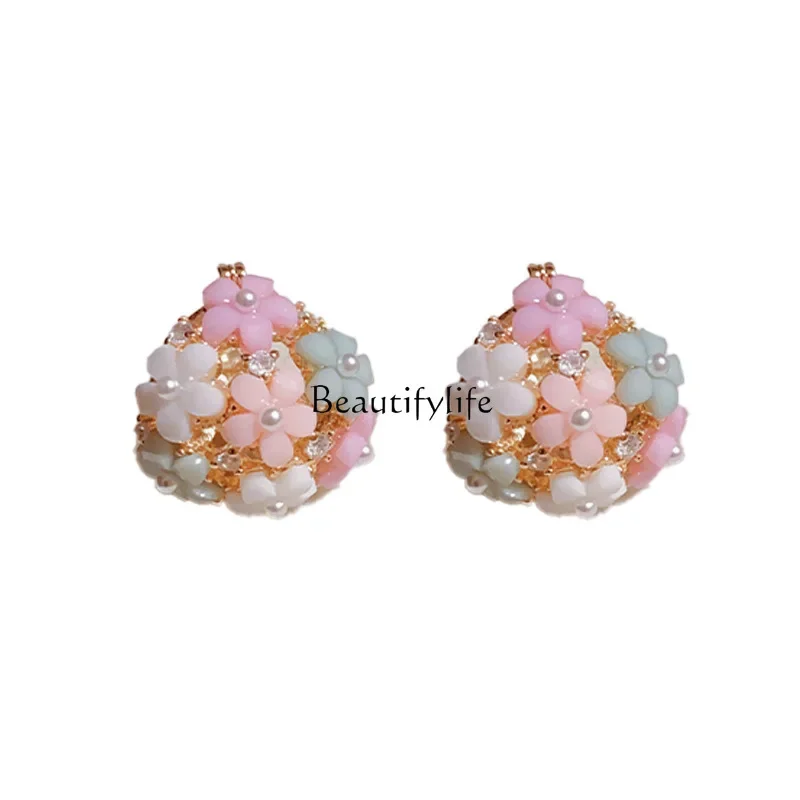 Niche versatile fresh zircon pearl flower basket ear buckle niche design versatile earrings