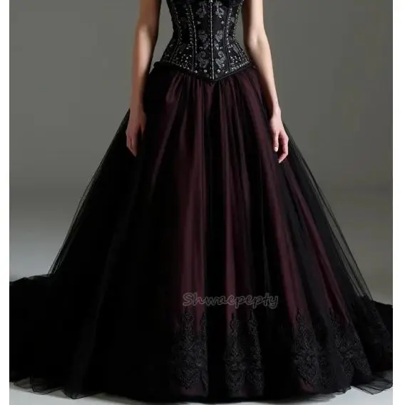 Vintage espartilho gótico vestido de casamento preto e borgonha a linha querida rendas apliques frisado longo vestido de noiva personalizado