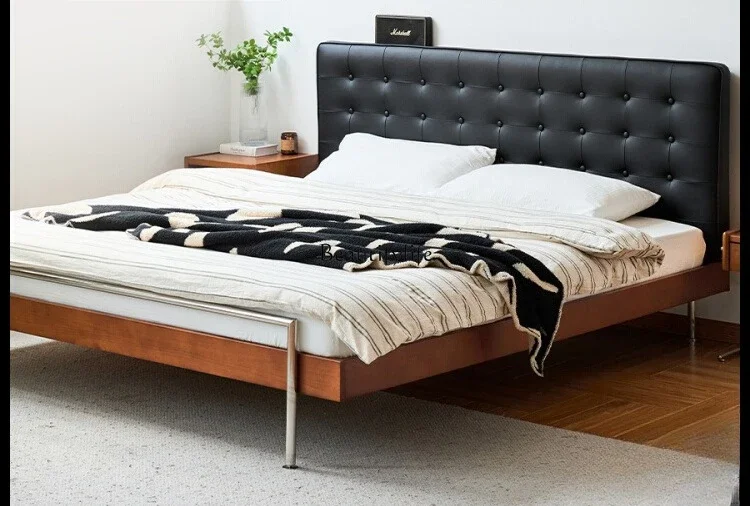 

yj21 Vintage Solid Wood Upholstered Bed Nordic Japanese Style Simple Bedroom 1.8m Double Bed