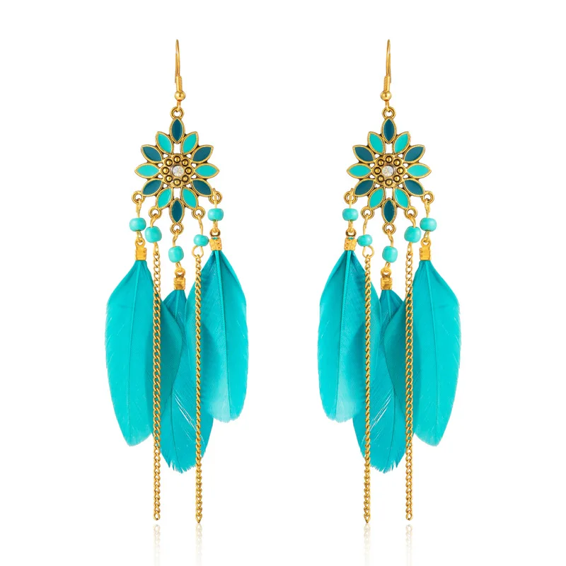 Böhmischen Lange Sonne Blume Feder Ohrringe für Frauen Trendy Ethnische Retro Gold Farbe Kette Quaste Ohrring Hochzeit Urlaub Schmuck – Detail 8