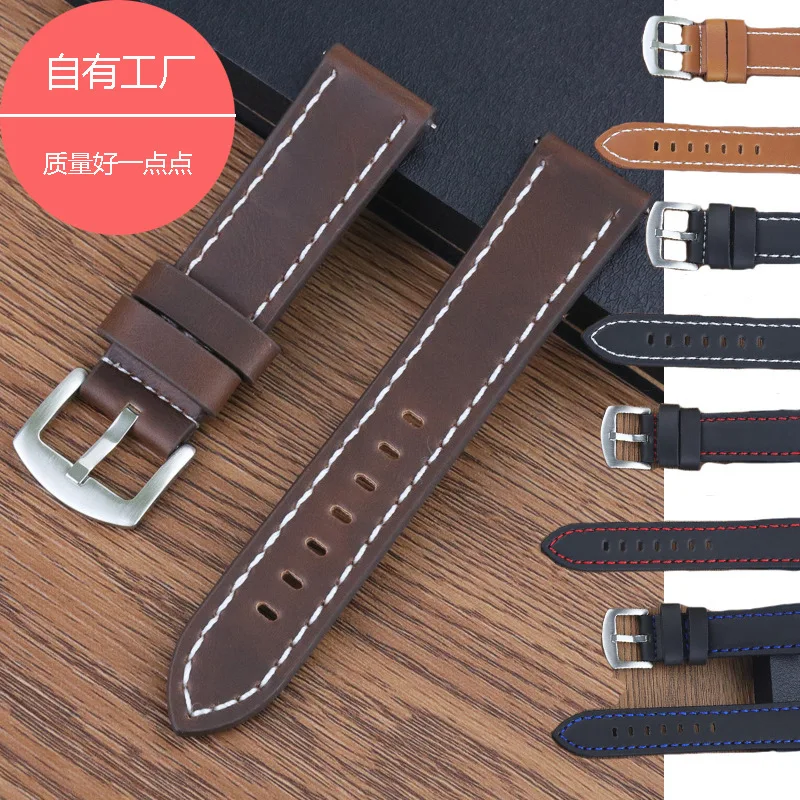 

Винтажный однотонный ремешок для часов из натуральной кожи Crazy Horse, сшитый вручную, 18 мм, 20 мм, 22 мм, 24 мм, быстросъемный ремешок для мужских часов