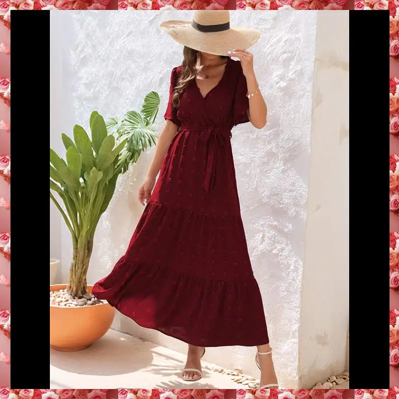 Boho Dot Summer Maxi Dresses For Women Wrap V Neck Short Sleeve Long Flowy Church Wedding Guest Dress