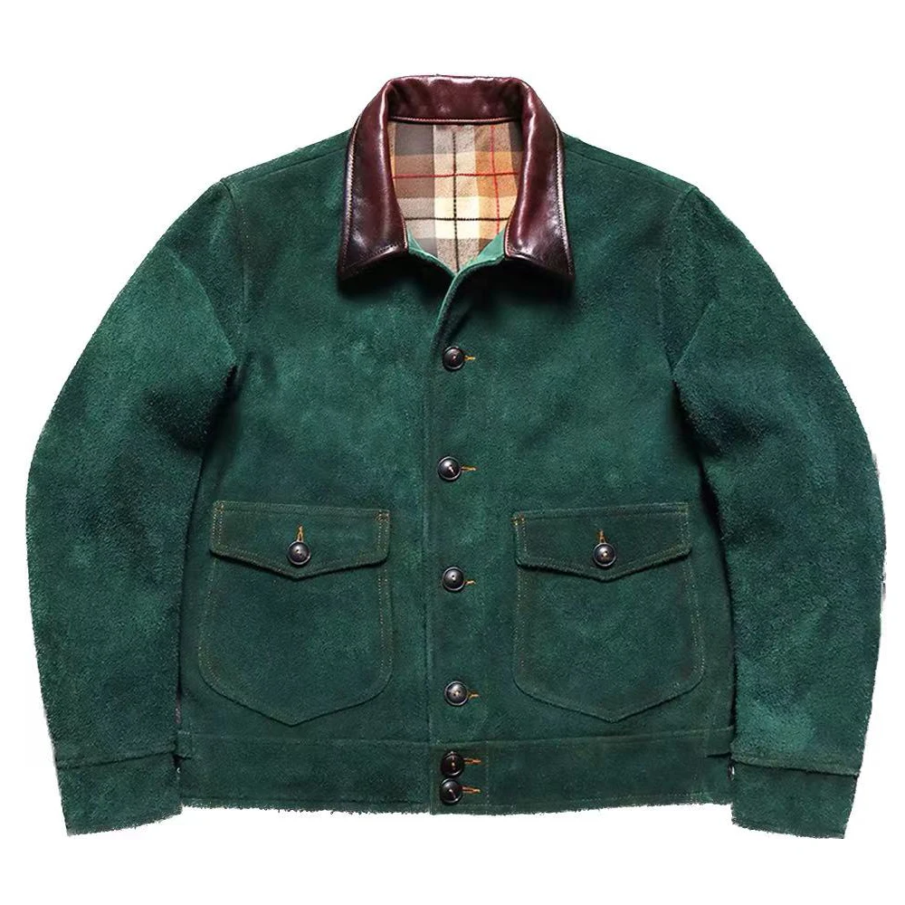 Highend Cow Suede Coats Depp's Style Velvet Cow Leather Mans Suede Jacket Plus Size 5XL Green Color Overcoat Outdoor Streetwear