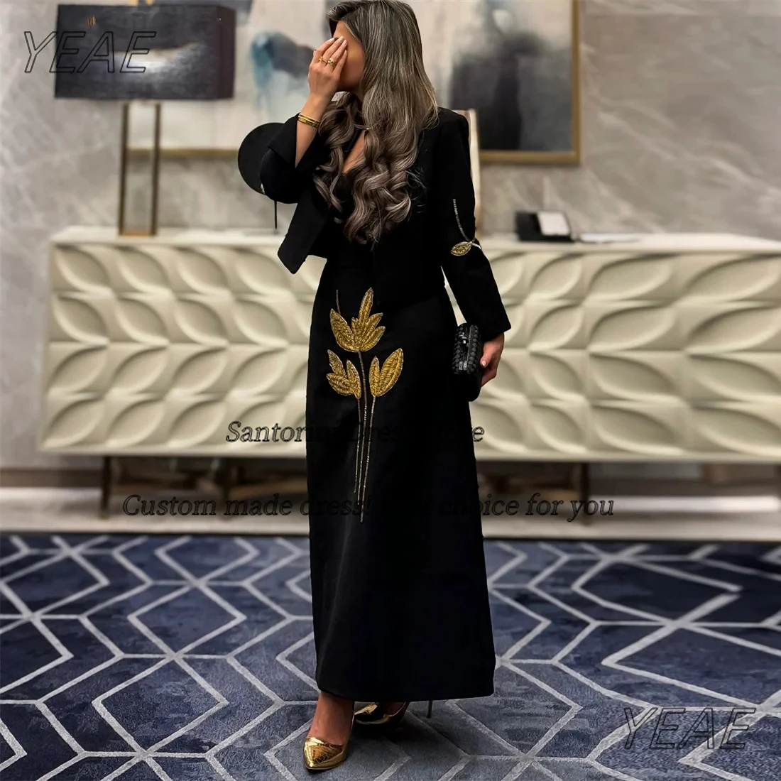 Santorini Black Satin Saudi Arabia Evening Dresses Beading Ankle Length Prom Dress Customized Long Sleeves Jackets Vestidos Des