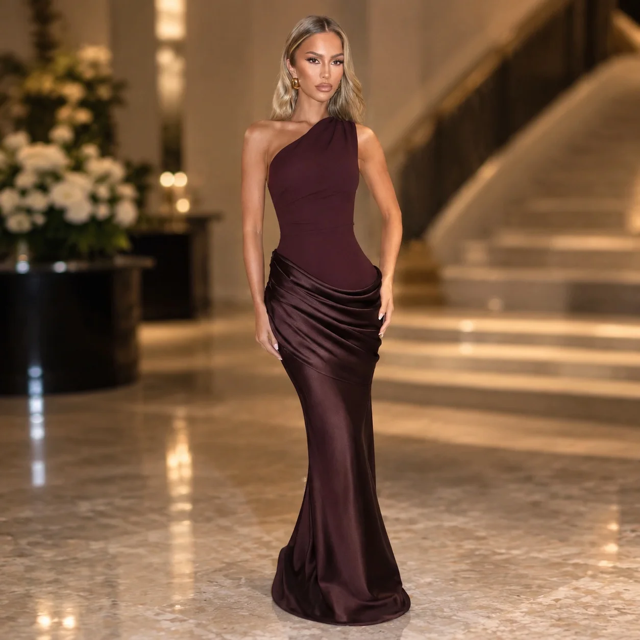 Pleated Oblique Neck Dress Long Sexy with Off Shoulder Neckline High Waist Patchwork Bodycon Slim Fit for Women Party Dresses