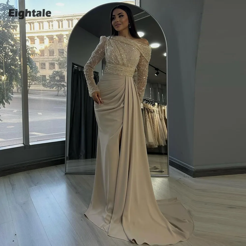 

Eightale Arabic Evening Dress for Wedding Party One Shoulder Lace Long Sleeve Muslim Mermaid Champagne Customized Prom Gown