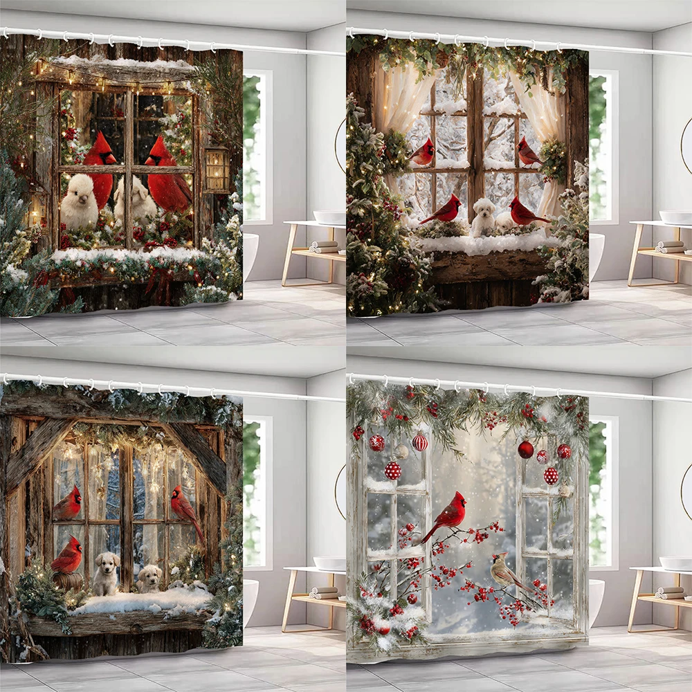 

Christmas Shower Curtains Fireplace Christmas Tree and Gifts Snowman Snow Scene Washable Shower Curtain Art Bathroom Decor