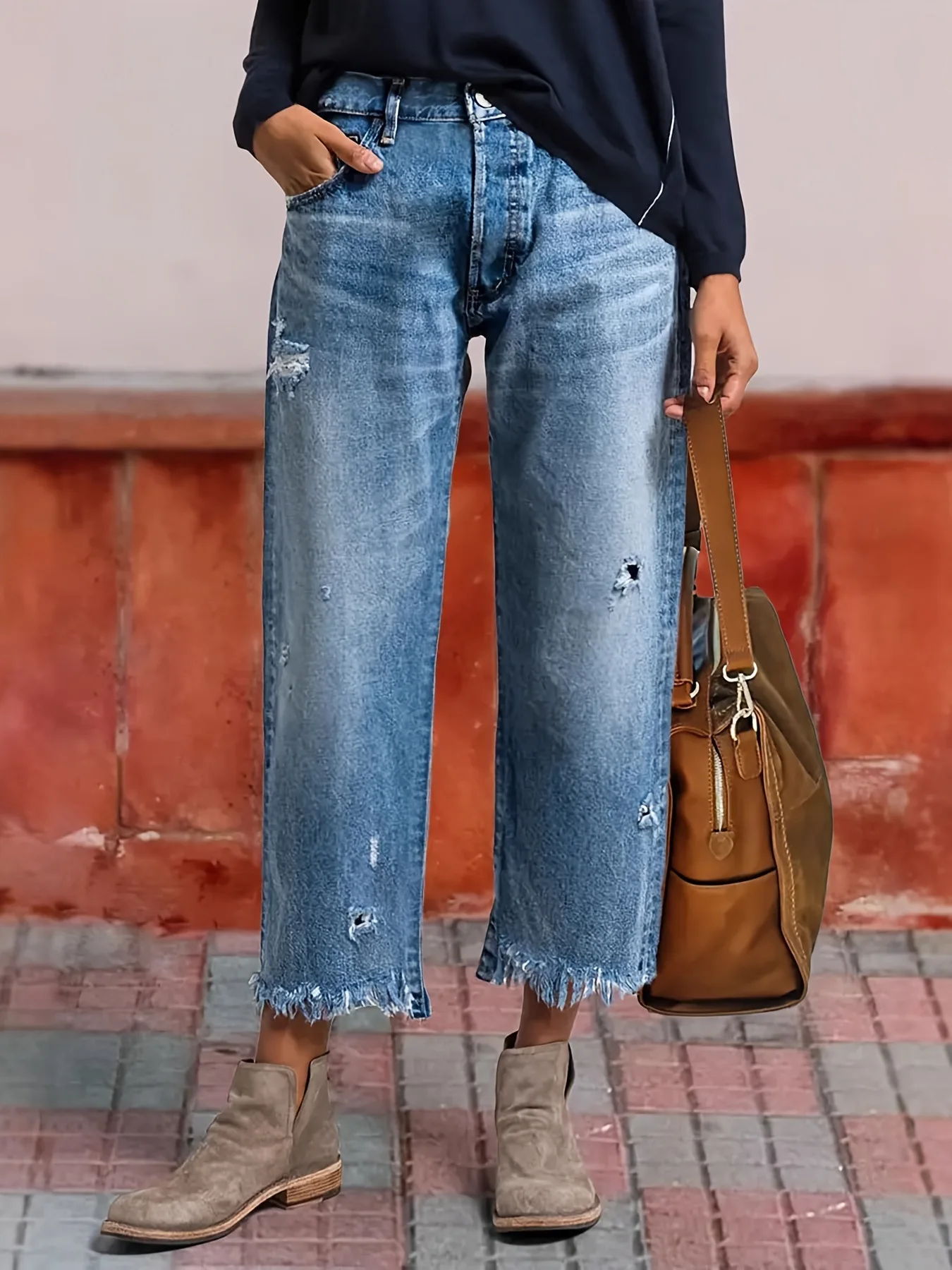 Jeans Women Straight Pants Hole Washed Distressed Mid Waist Tassels Pockets Streetwear 2025 Denims Ankle Length Trousers