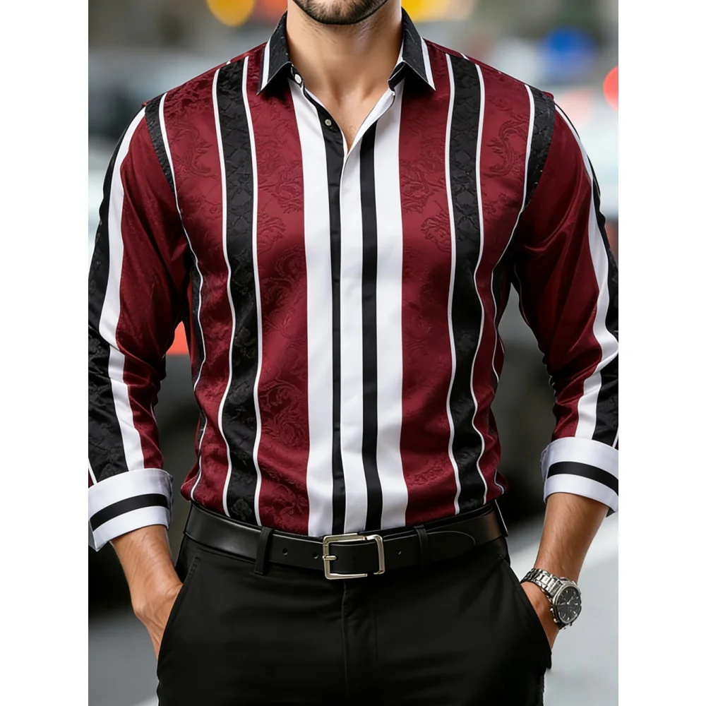 

Men's Light Luxury Red and White Vertical Stripe Men's Long Sleeved Shirt 3D Printed Business Collar Hawaiian Shirt Men Clothing