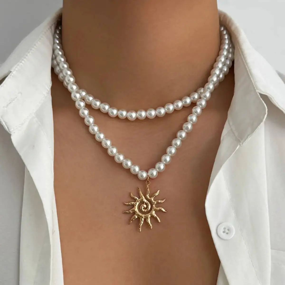 SHIXIN 2 Pcs/Set Trendy Smooth Imitation Pearl Choker Necklace for Men Hip Hop Gold Color Sun Pendant Necklace Male Jewelry New