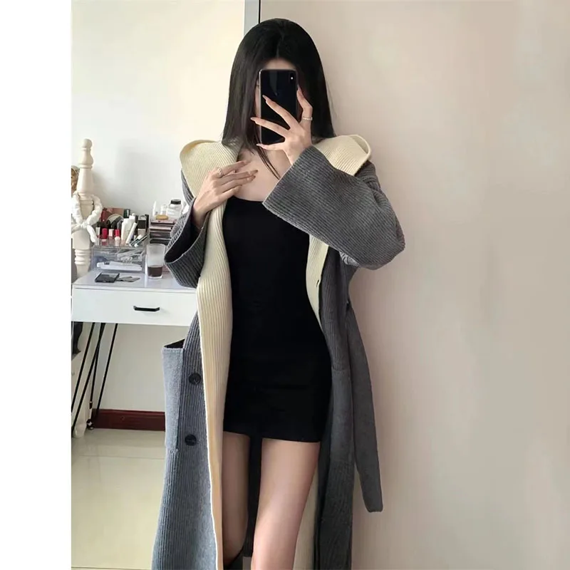 

Модный длинный свитер, женский цветной блок, искусственный двухсекционный вязаный кардиган с капюшоном, куртка, весна-осень-зима, ветровка, пальто