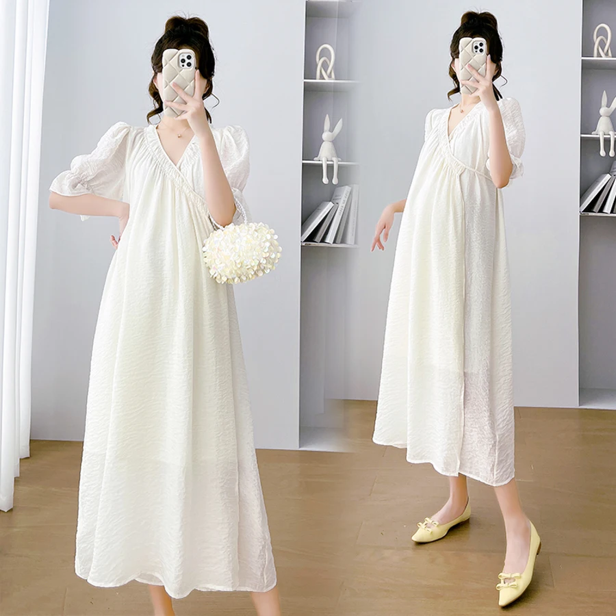 

8623# 2023 Summer Korean Fashion Stylish Maternity Midi Long Dress Loose Straight Lazy V Neck Feeding Clothes for Pregnant Women