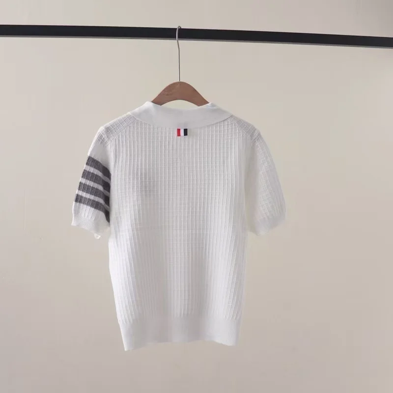 Women Cartoon Embroidery Short Sleeve Knit T-shirt Summer Chic Striped Slim Tops Preppy Style Button Turn-down Collar Pullovers