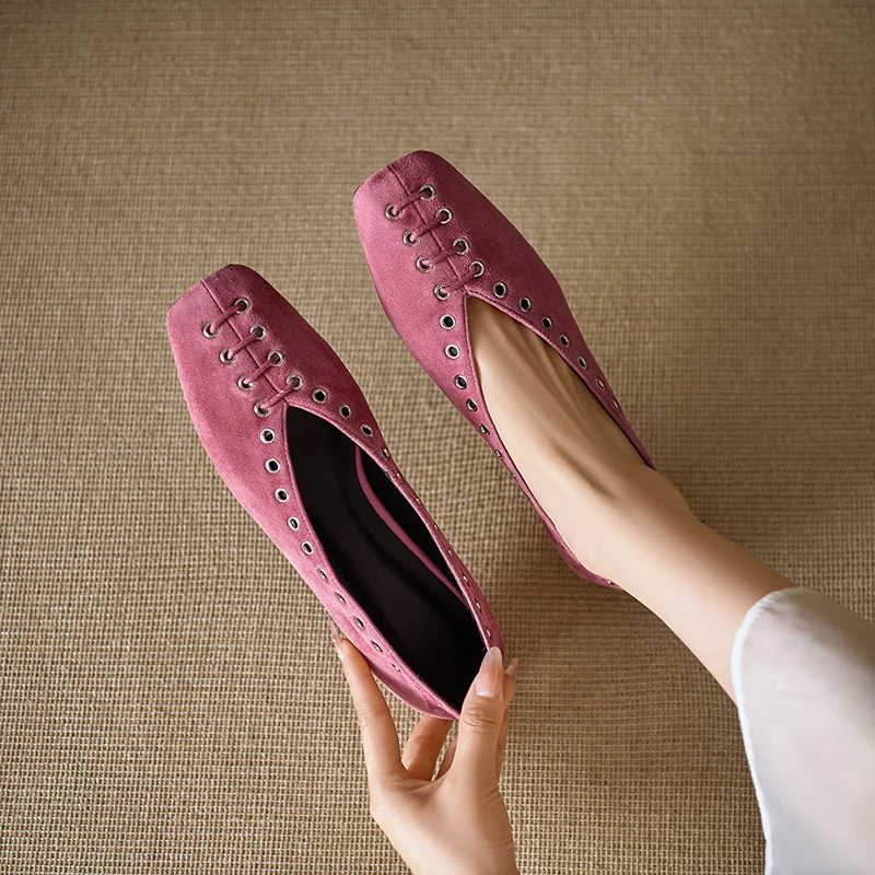 2026 new spring summer women pumps natural leather 22-25cm kid suede+sheepskin+pigskin square toe low heel women shoes fashion