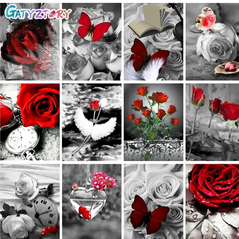 

GATYZTORY Crystal 5D Diamond Painting Frame Unique Gift Cross Stitch Kits Grey Rose Diamond Mosaic For Handiwork Home Decors