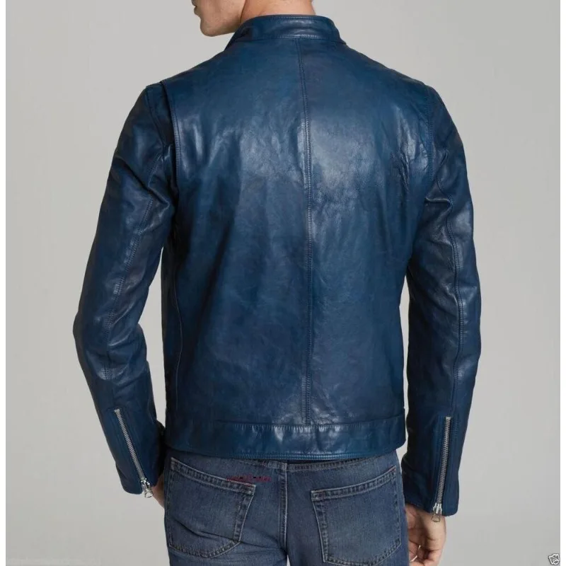 Leather Men's 100% Real Leather Blue Jacket Genuine Biker Leather Jacket