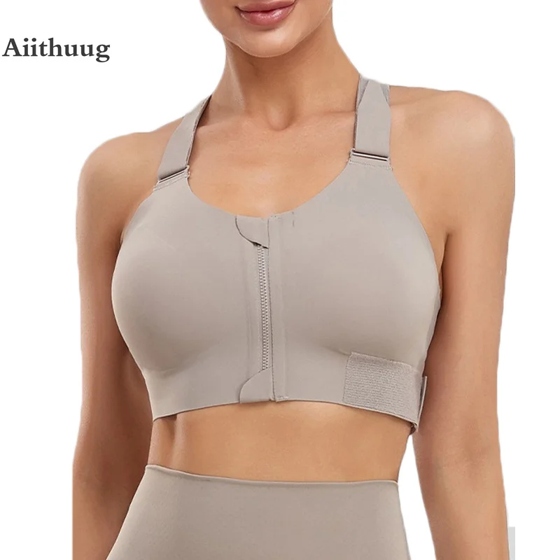 Aiithuug Magic Sticker Bras Bounce Control Running Adjustable Shoulder Straps Adjustable Back Yoga Bra Zipper Gym Jogging Crop